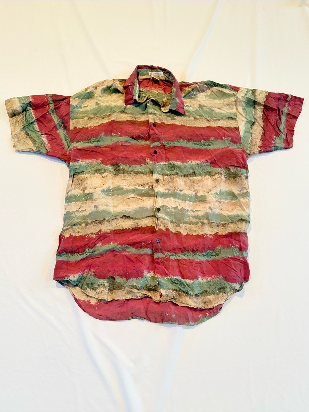 VTG 100% Silk Button Down Mens M Striped Abstract Short Sleeve Resort Beach 90s